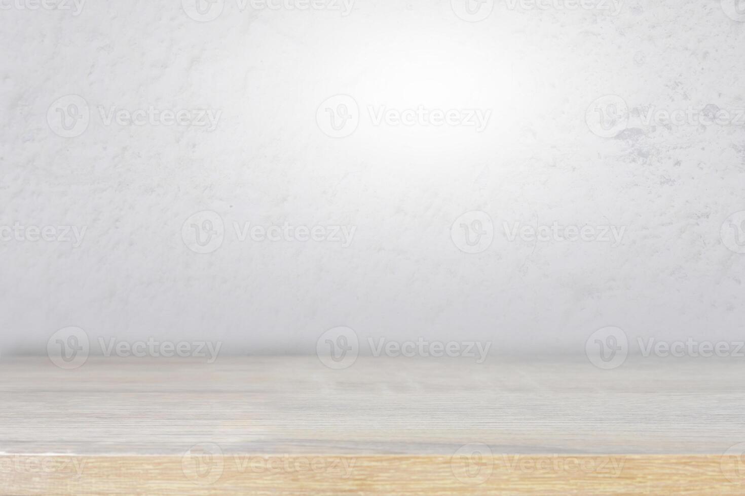 empty wooden table top with white wall background photo