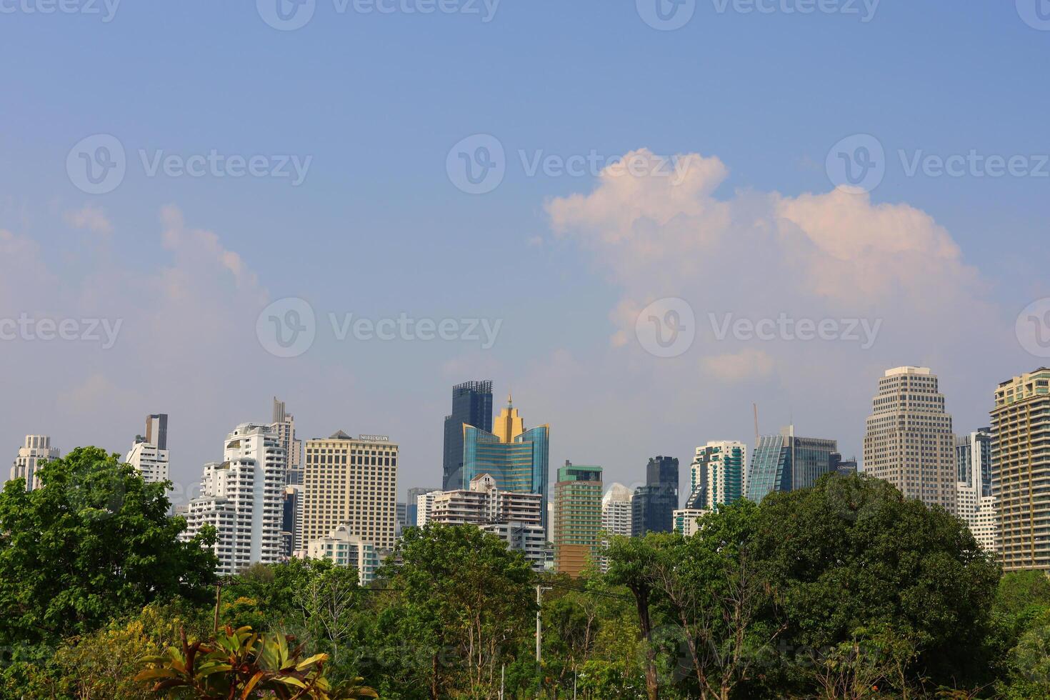 a city skyline with tall buildings photo