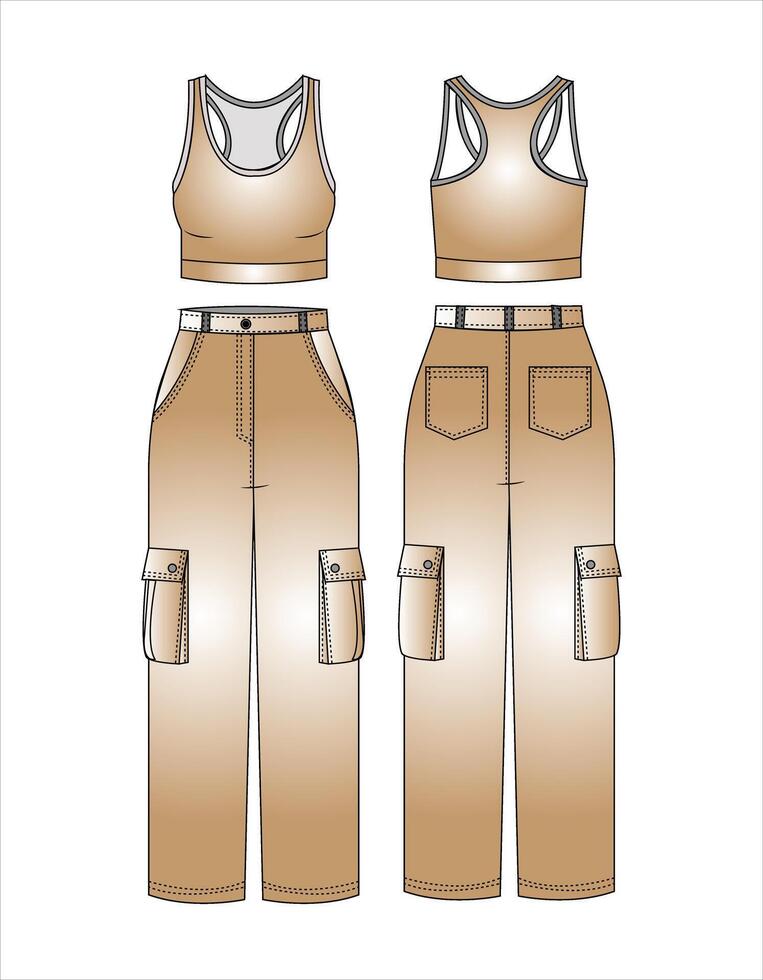 Front Back view of a extremely beautiful woman in a tank top and cargo pants with sneakers Sitting smiling and isolated vector
