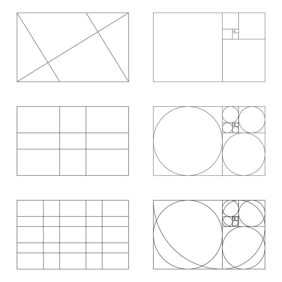 Golden ratio frames, rectangles. Method golden section. Set of harmony proportions grids. Fibonacci array, numbers. Outline graphic layout. vector