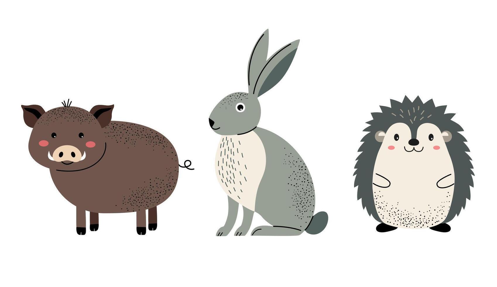 Set of cute woodland animals. Boar, hare, hedgehog. vector