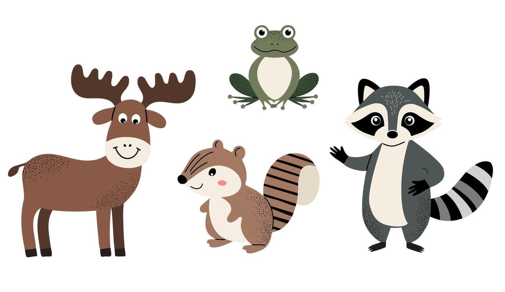 Set of cute woodland animals. Moose, chipmunk, frog, raccoon. vector