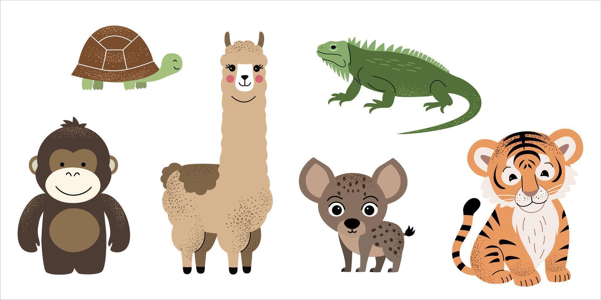 Wild animals. Gorilla, llama, hyena, tiger, iguana, turtle. Hand drawn safari set. vector