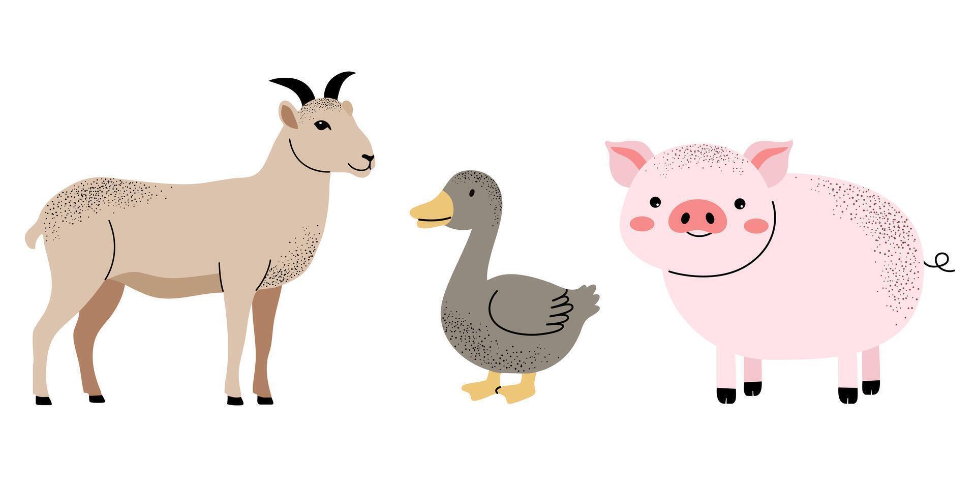 Cute farm animals set. Goat, pig, goose. Flat set of home animals, pets. vector