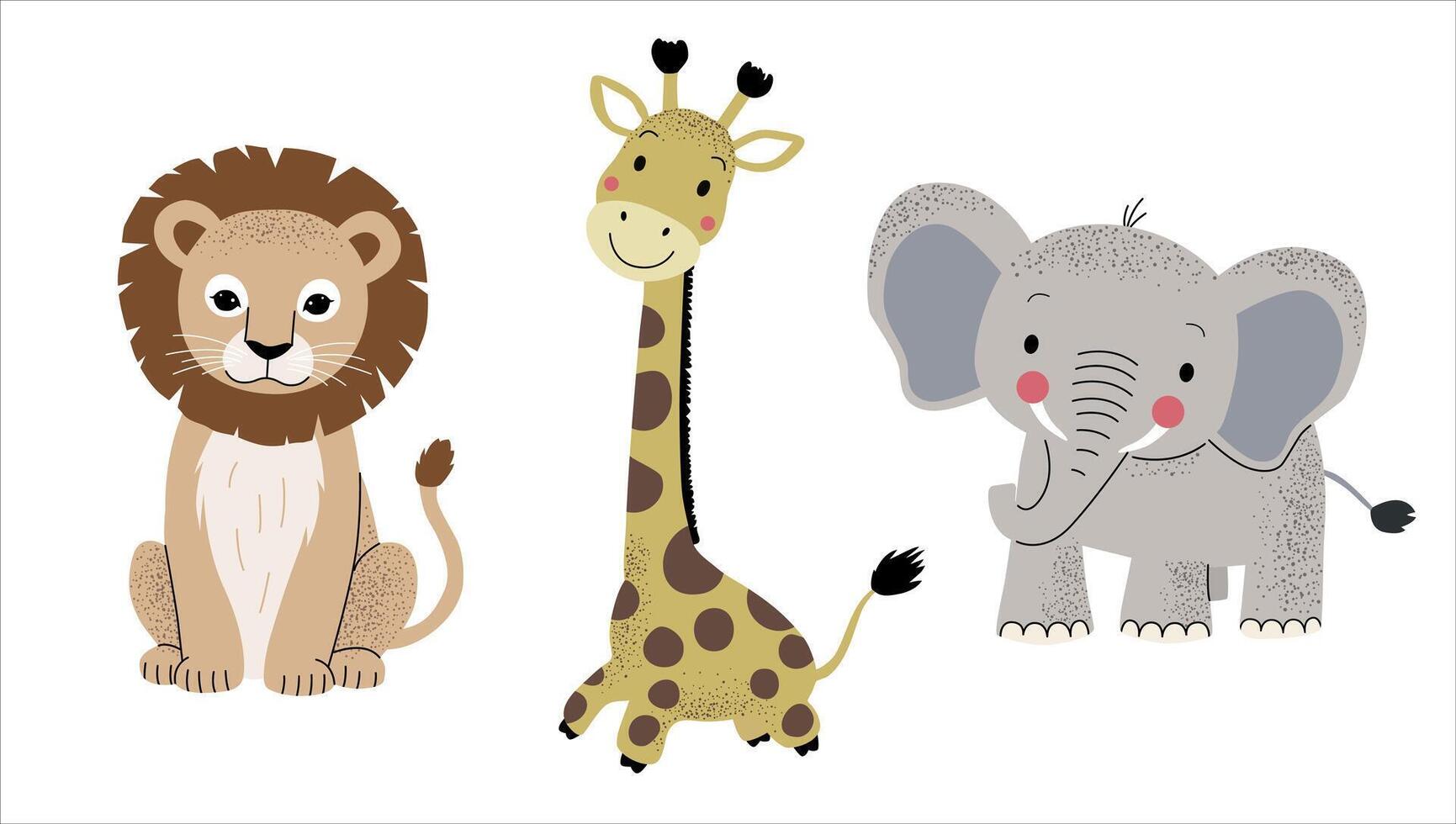 Wild jungle animals. Giraffe, lion, elephant. Hand drawn safari set. vector