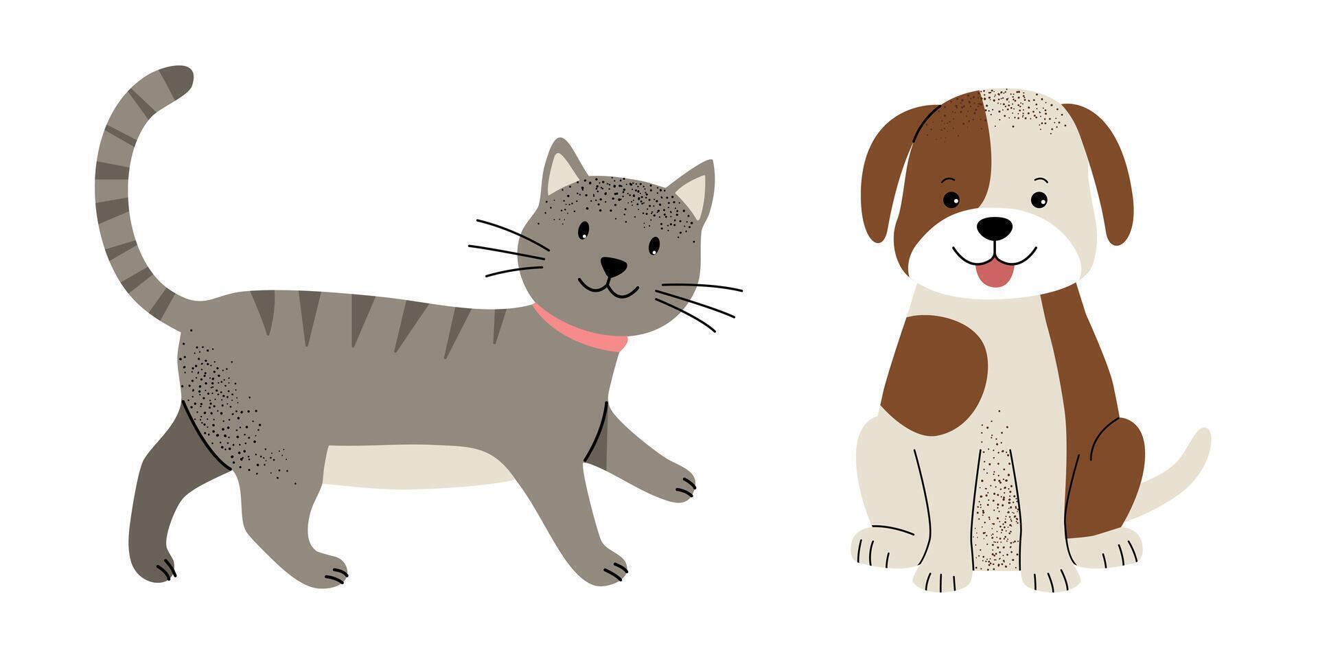 Cute domestic animals set. Cat and dog. Flat set of home animals, pets. vector