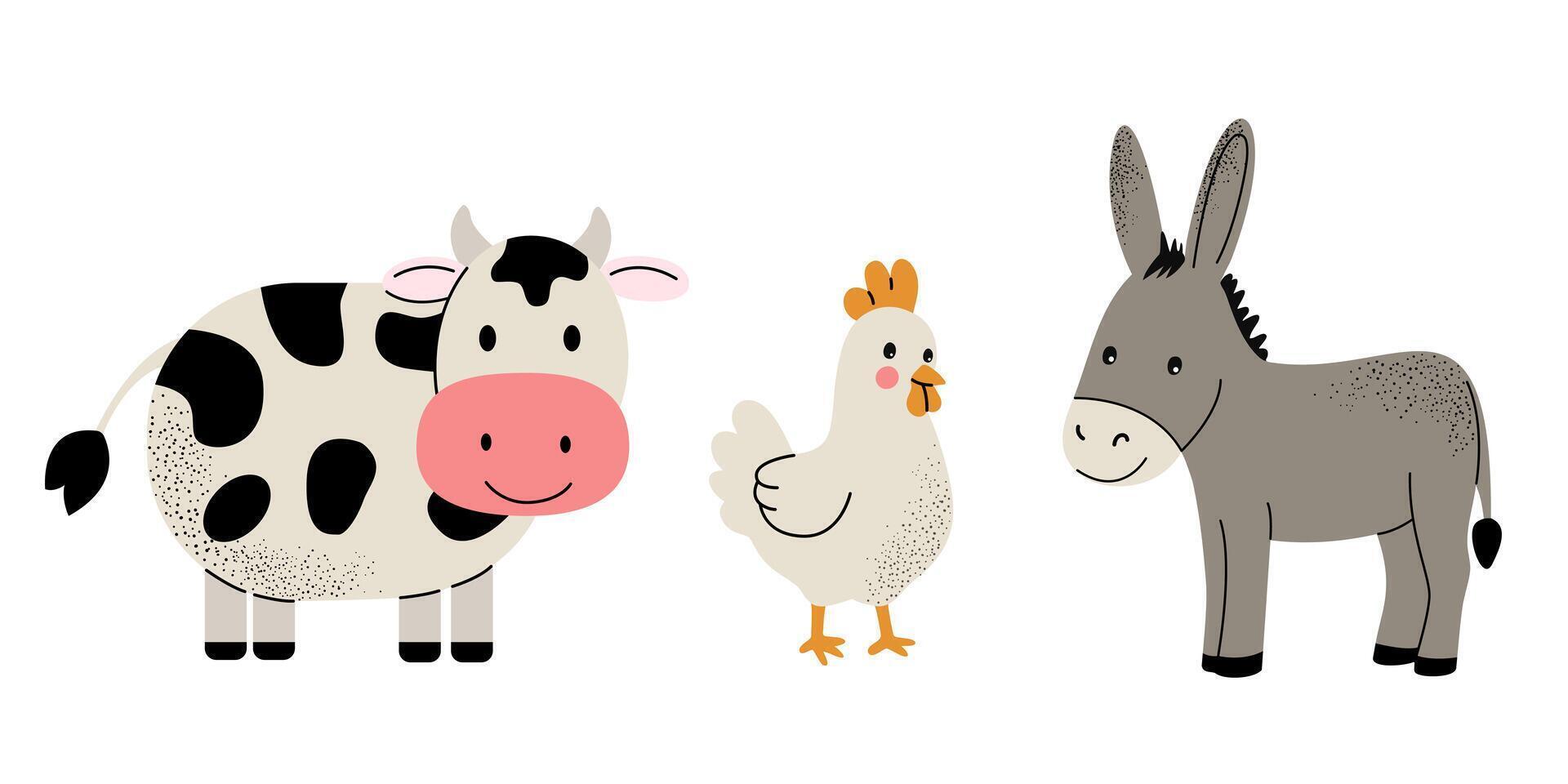 Cute farm animals set. Cow, chicken, donkey. Flat set of home animals, pets. vector