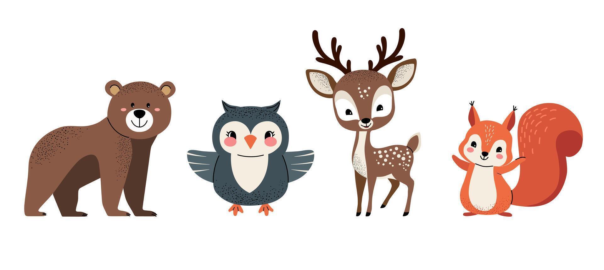 Set of cute woodland animals. Deer, bear, owl, squirrel. vector