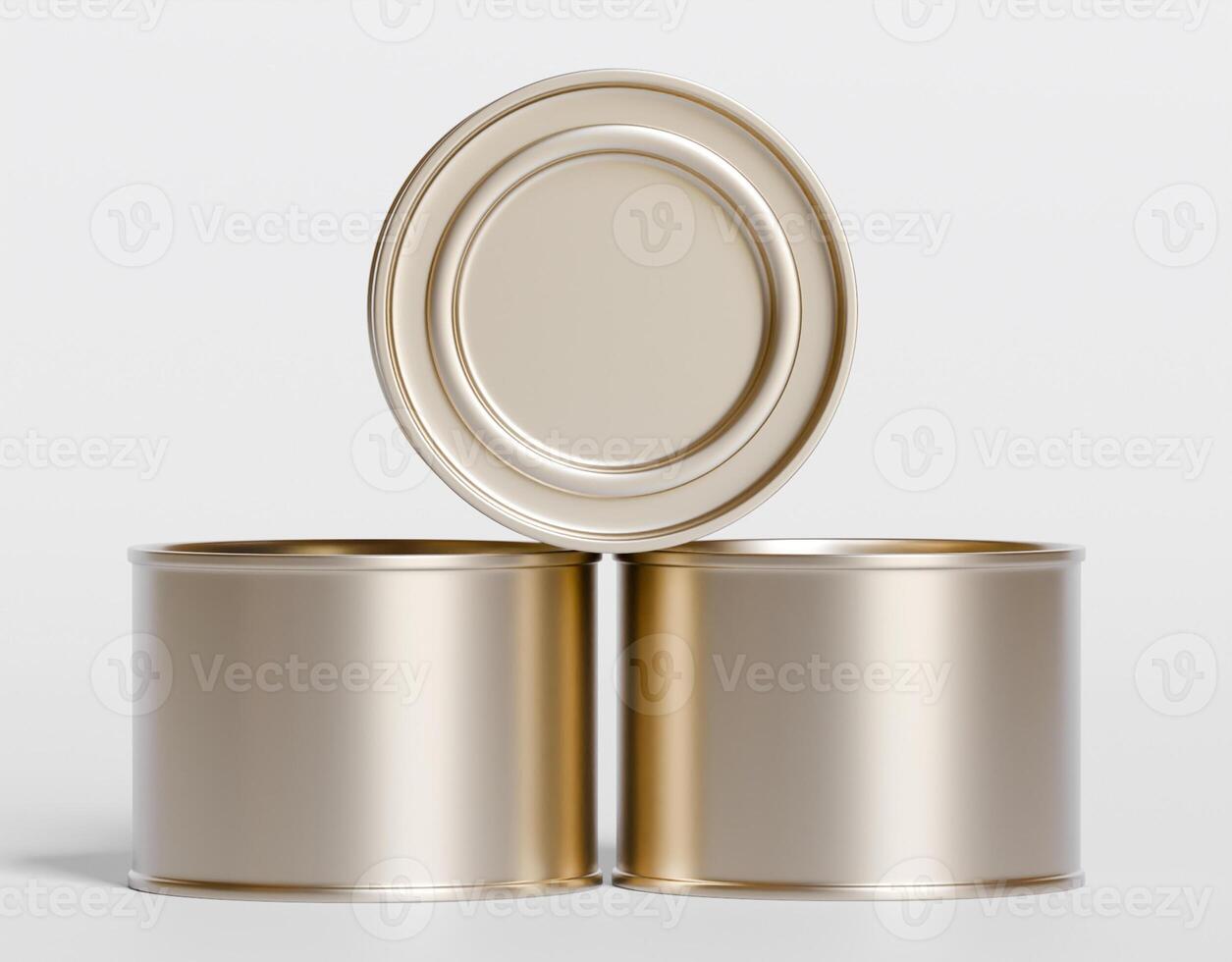 Three empty tin cans on a white background photo