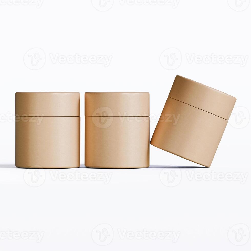 Three empty brown boxes on a white surface photo