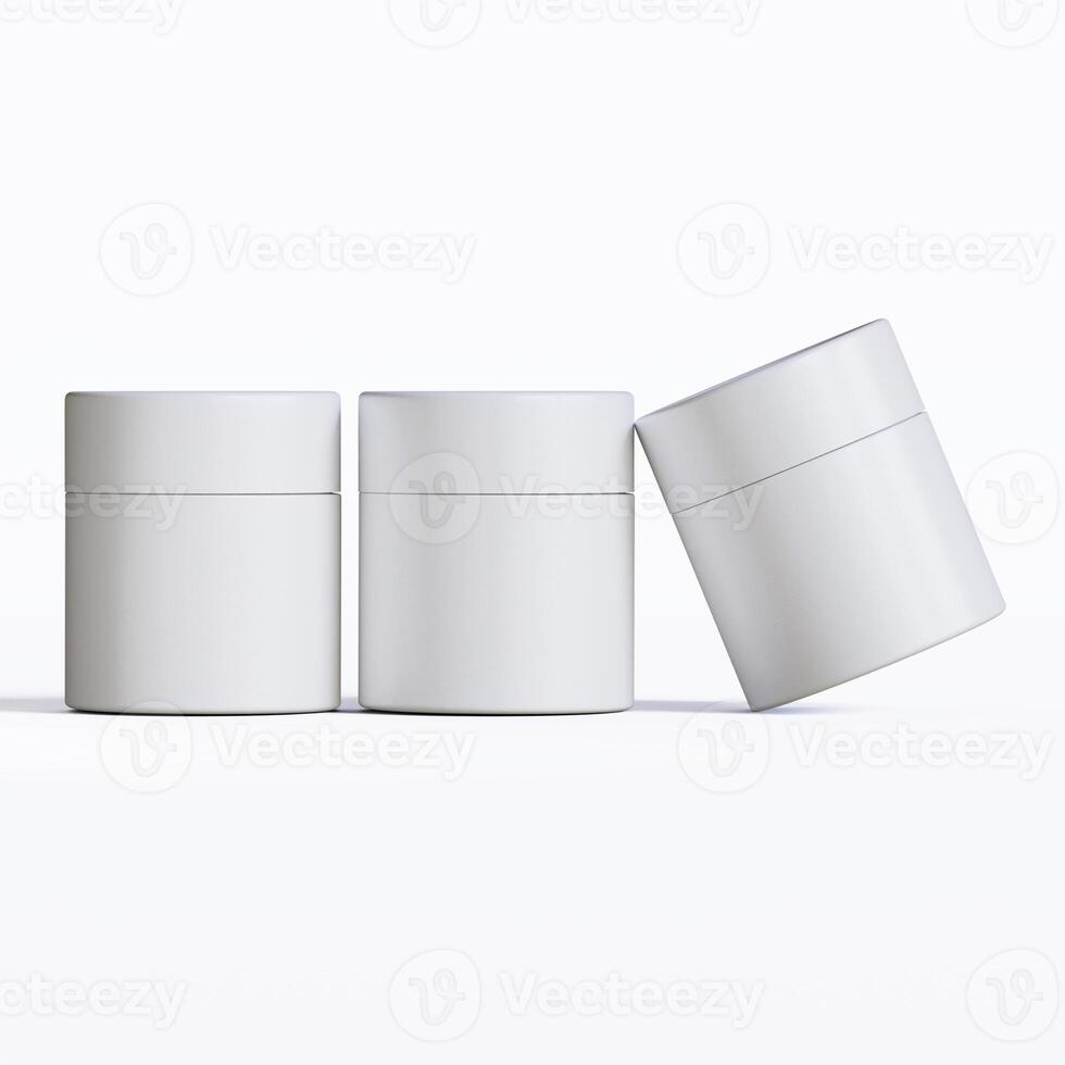 Three white containers with lids on a white surface photo