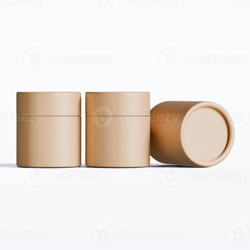 Three empty brown containers on a white surface photo