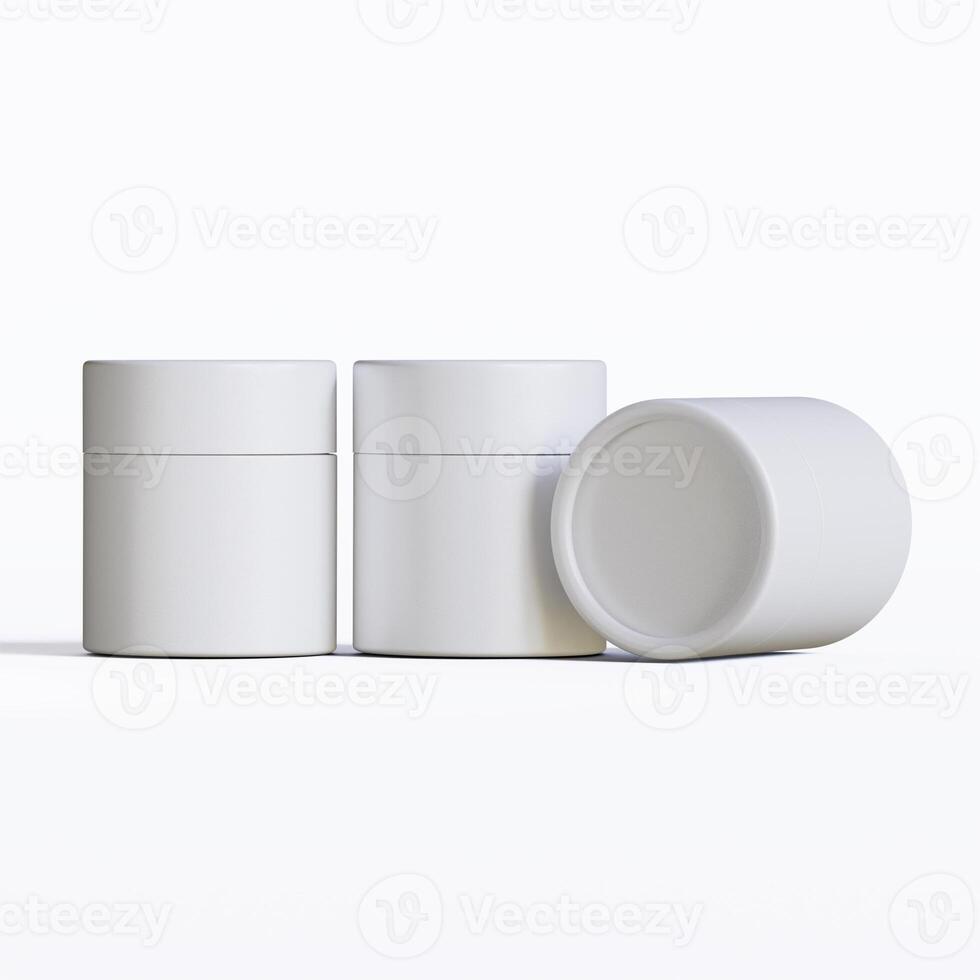 Three white containers with lids on a white surface photo