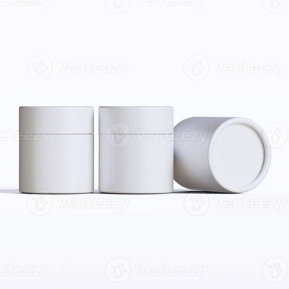 Three white containers with lids on a white surface photo