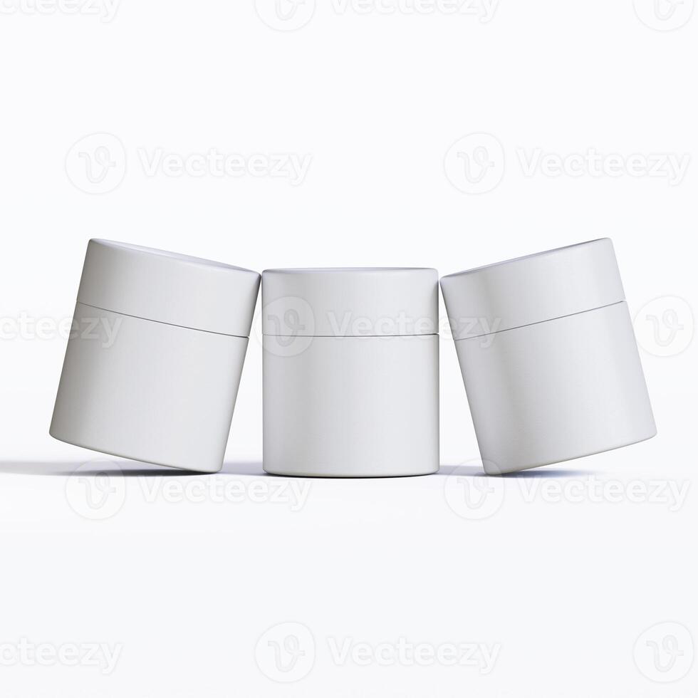 Three white containers with lids on a white surface photo