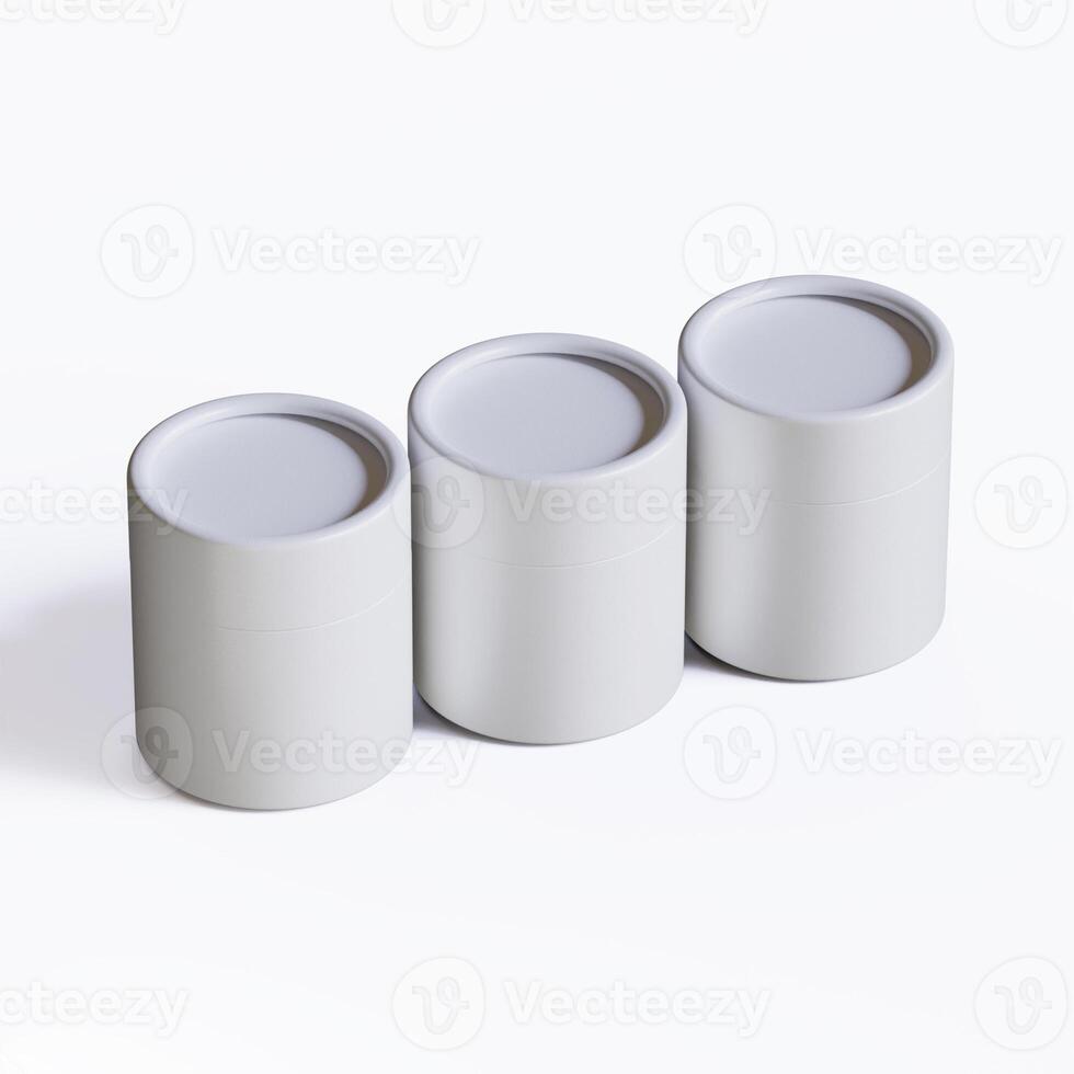 Three white containers with lids on a white surface photo