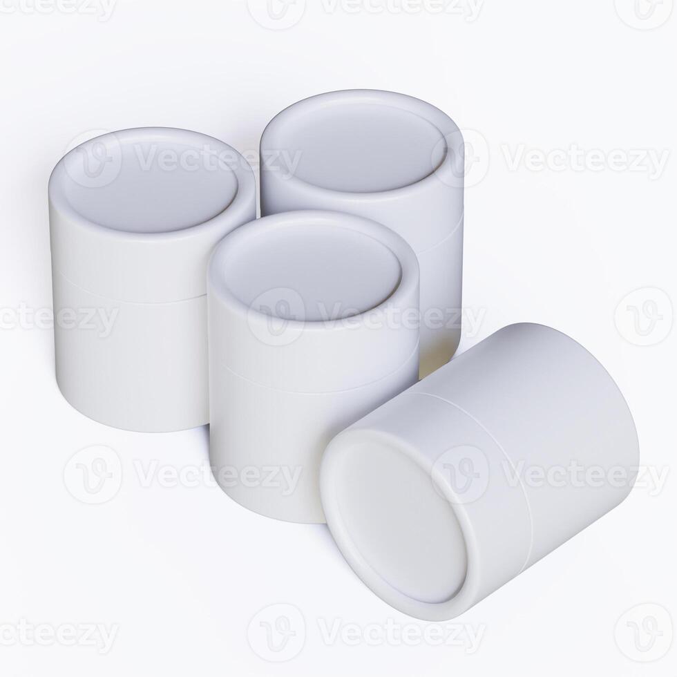 Three white containers with lids on a white surface photo