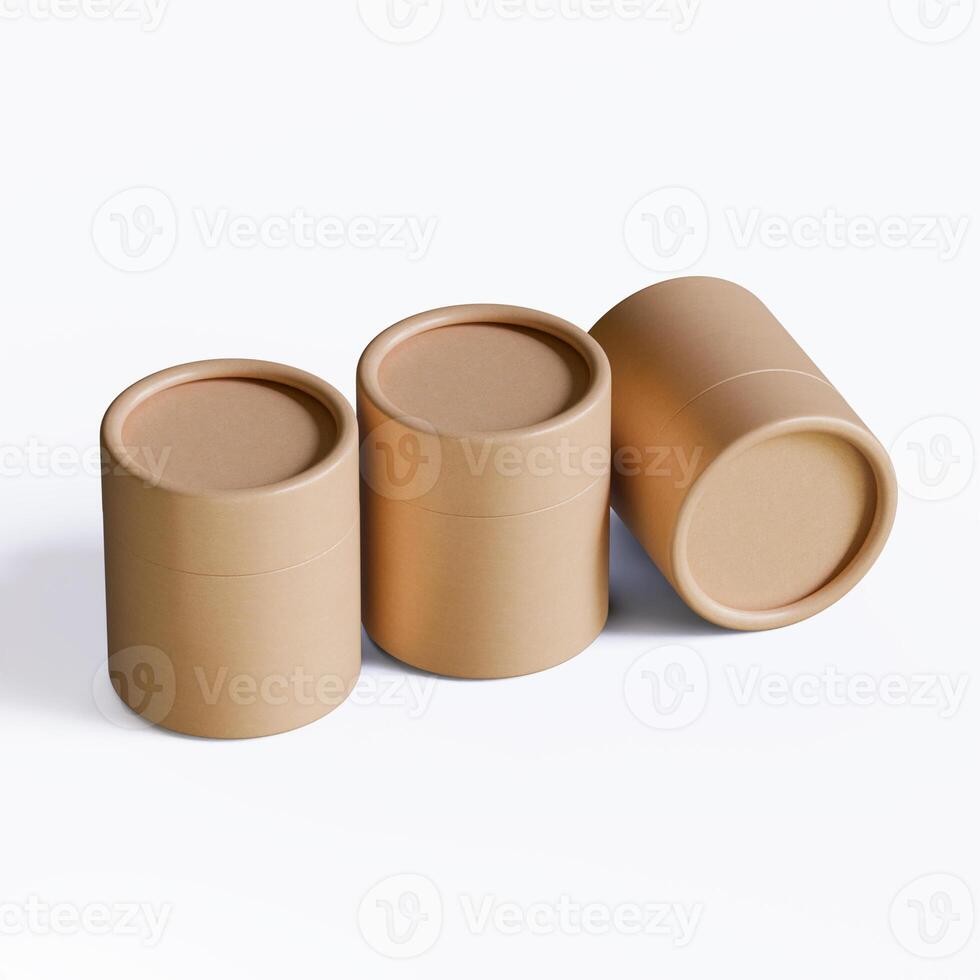 Three empty brown containers on a white surface photo