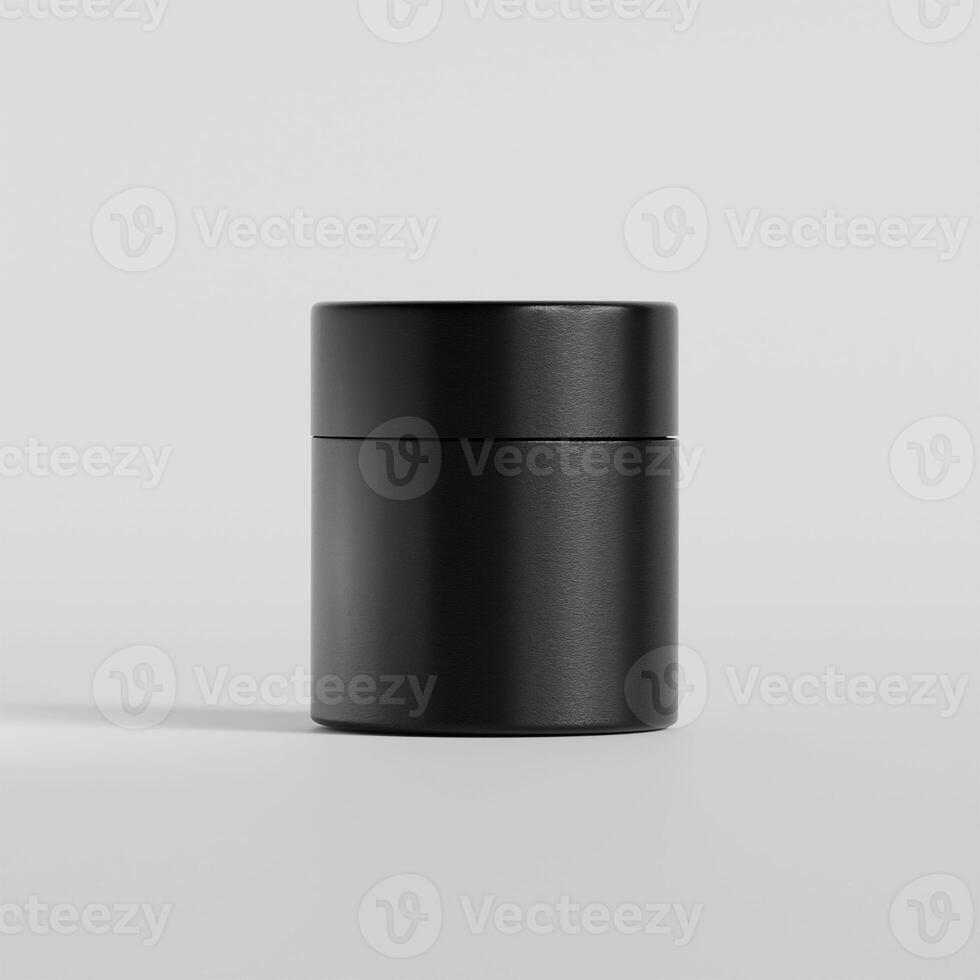 A black container with a lid on a white surface photo