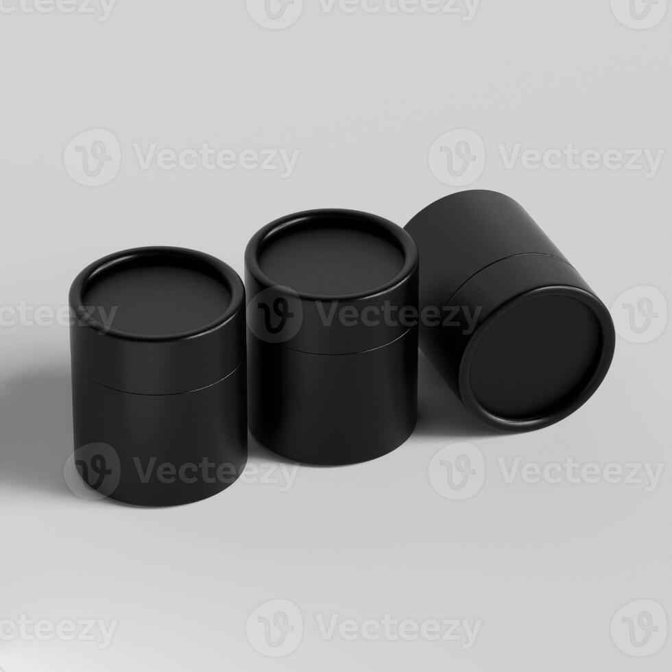 Three black containers with lids on a white surface photo