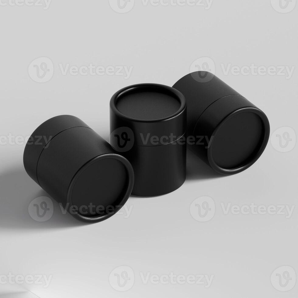 Three black containers with lids on a white surface photo