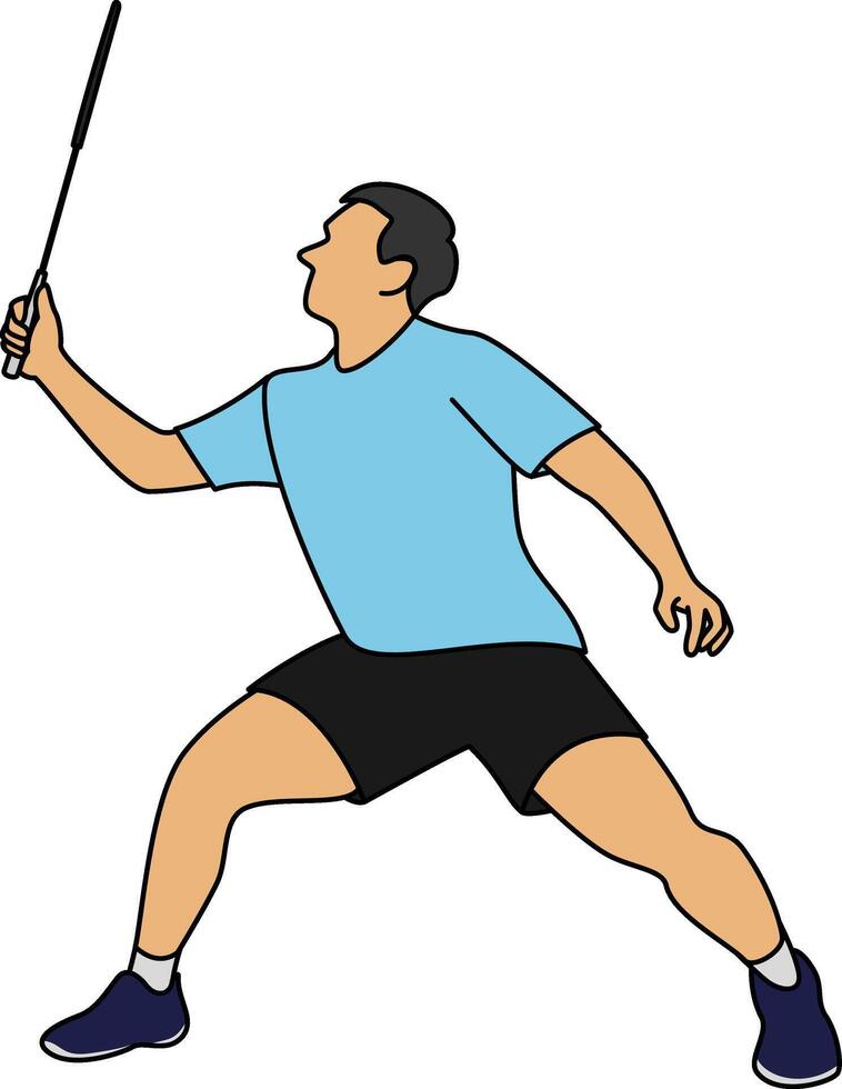 Illustration of a badminton player in a focused stance, preparing for a smash or return shot. The Athlete poised for a push shot, ready for action, holding a racket with determination vector