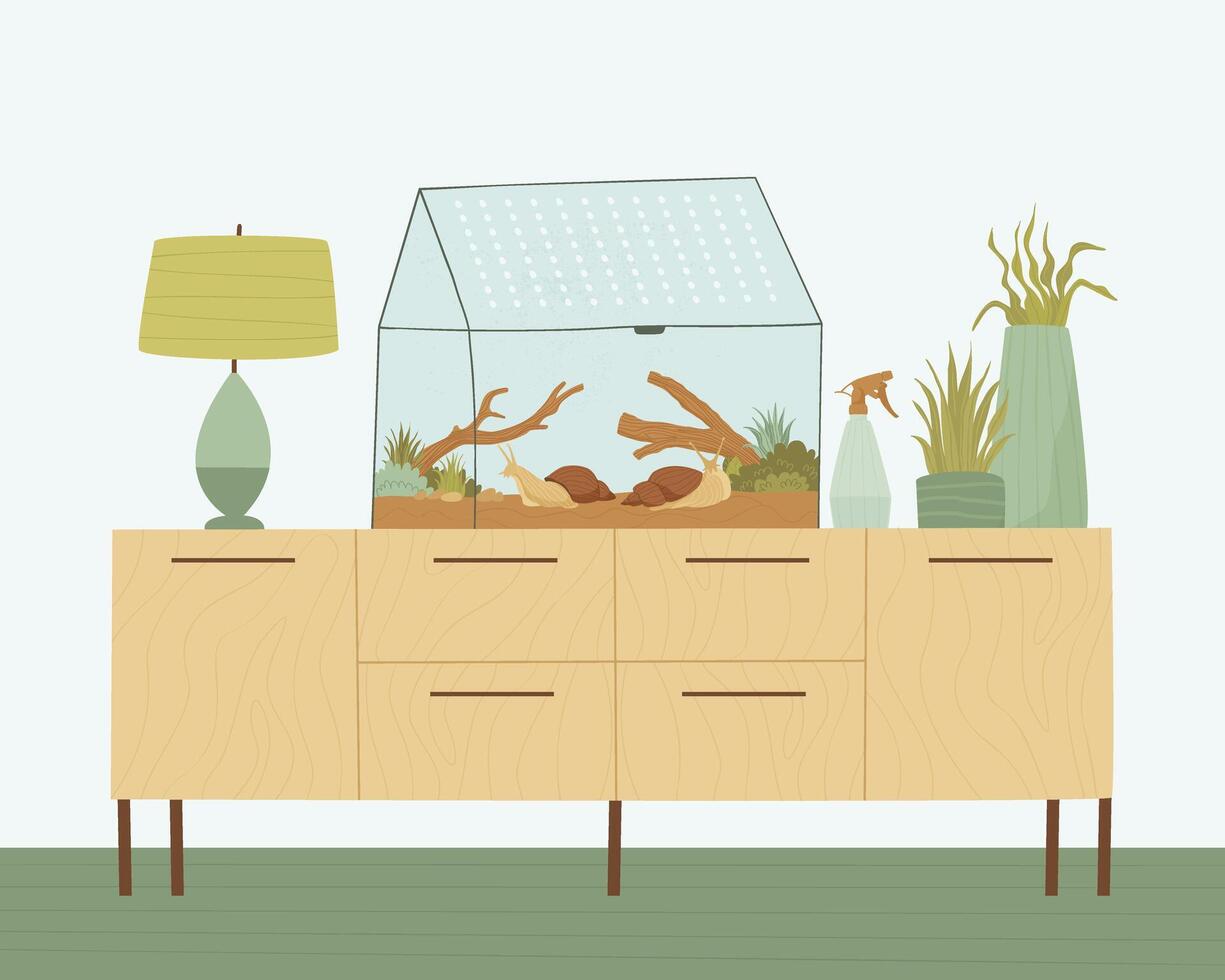 There is a garden with snails and plants on the nightstand in the room vector