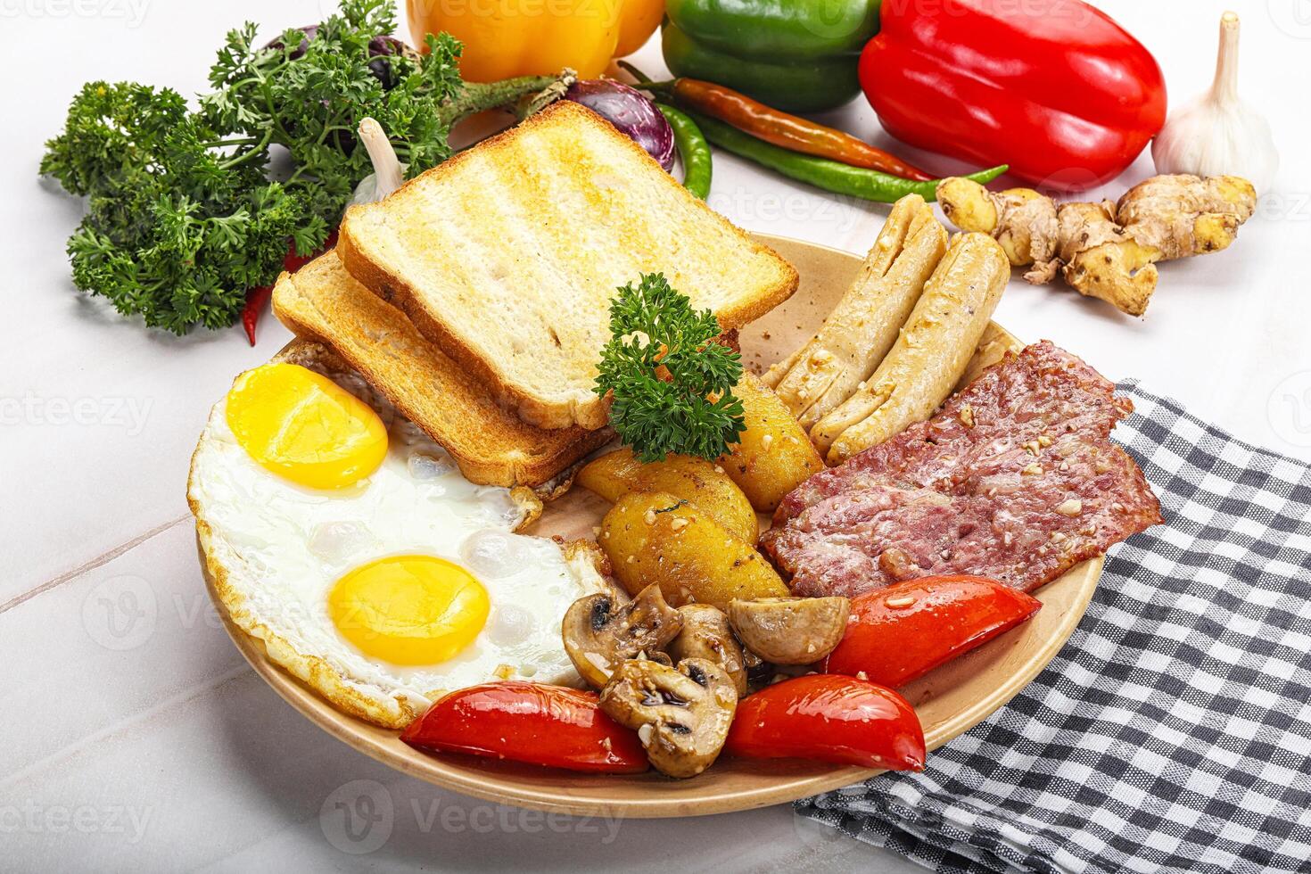 English breakfast with toast, egg and sausages photo