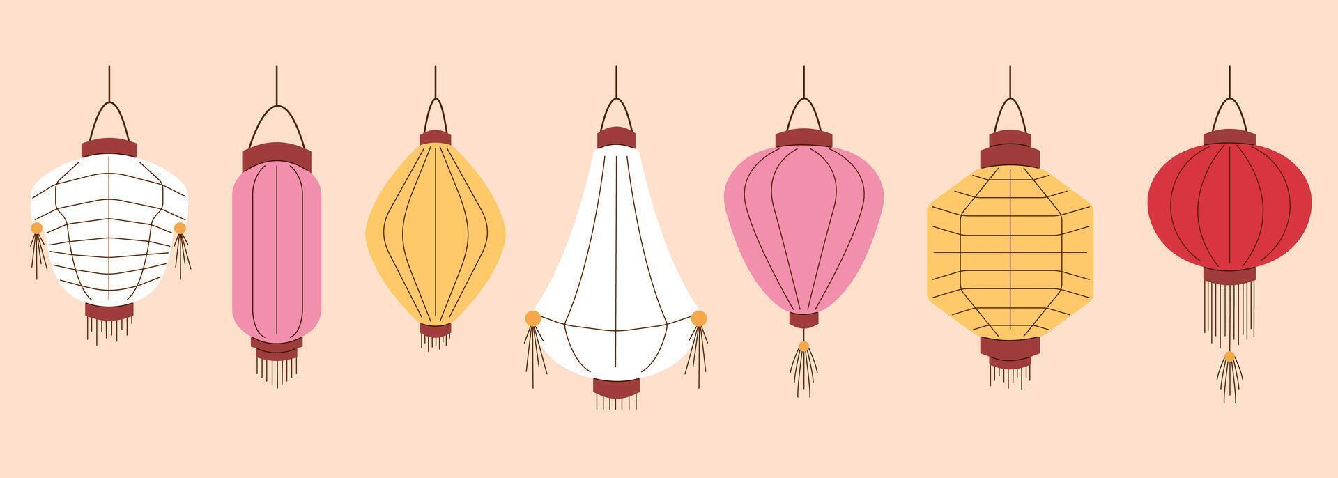 Set of traditional colorful Chinese lantern in various shapes in flat style. Perfect for festivals, celebrations and cultural events. Collection isolated on a white background. vector