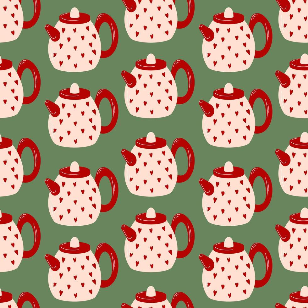 Seamless pattern with red teapots decorated with heart on a green background in flat style. Ideal for textile, wallpaper and wrapping paper with a cozy and charming theme. vector