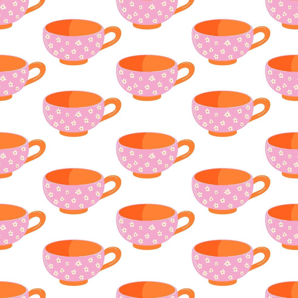 Seamless pattern with orange cup with pink floral design on a white background in flat style. Perfect for home decor, gift wrapping, fabric print and creative project. vector