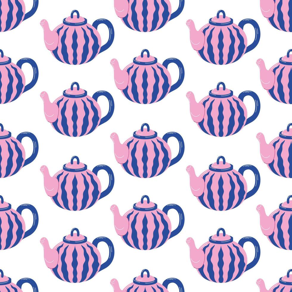 Seamless pattern of pink and blue teapots with wavy stripe design on a white background in fat style. Perfect for fabric, gift wrap, wallpaper or project with a fun and vibrant theme. vector