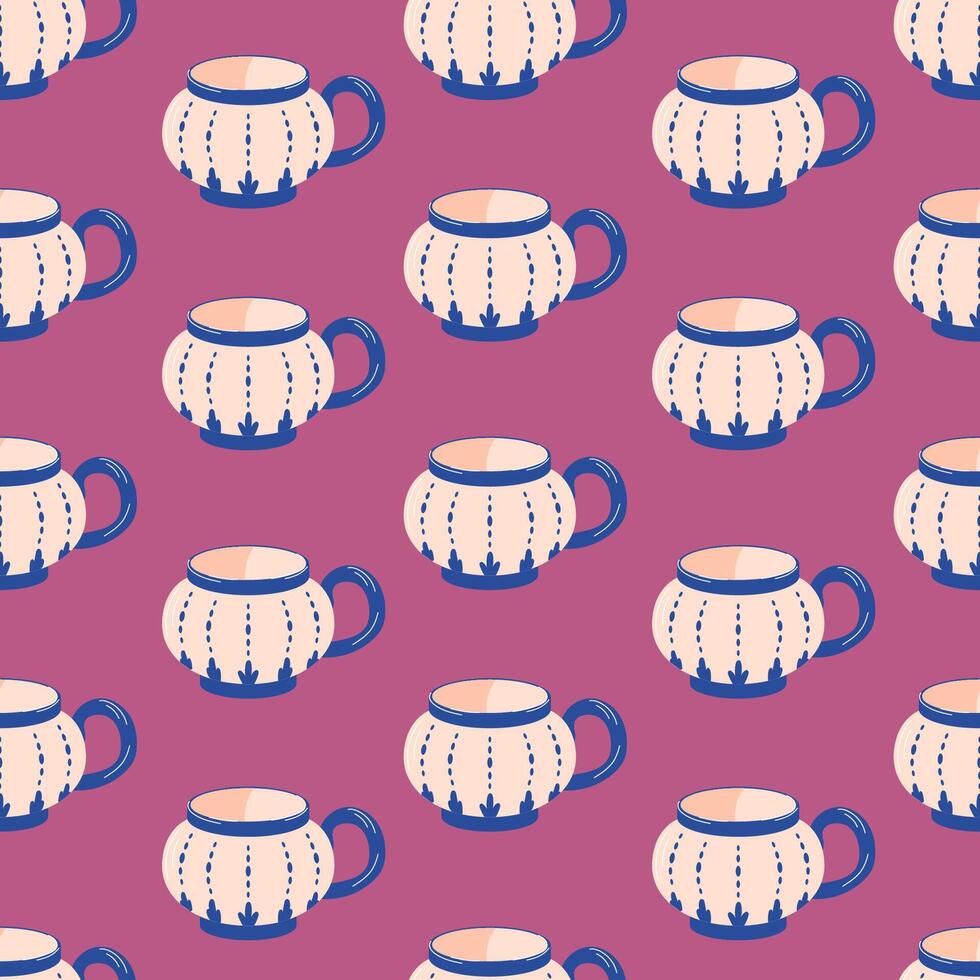 Ceramic tea cups and coffee mugs seamless pattern in flat style. Kitchen crockery with ceramic and porcelain teacup for textile, wrapping paper. vector