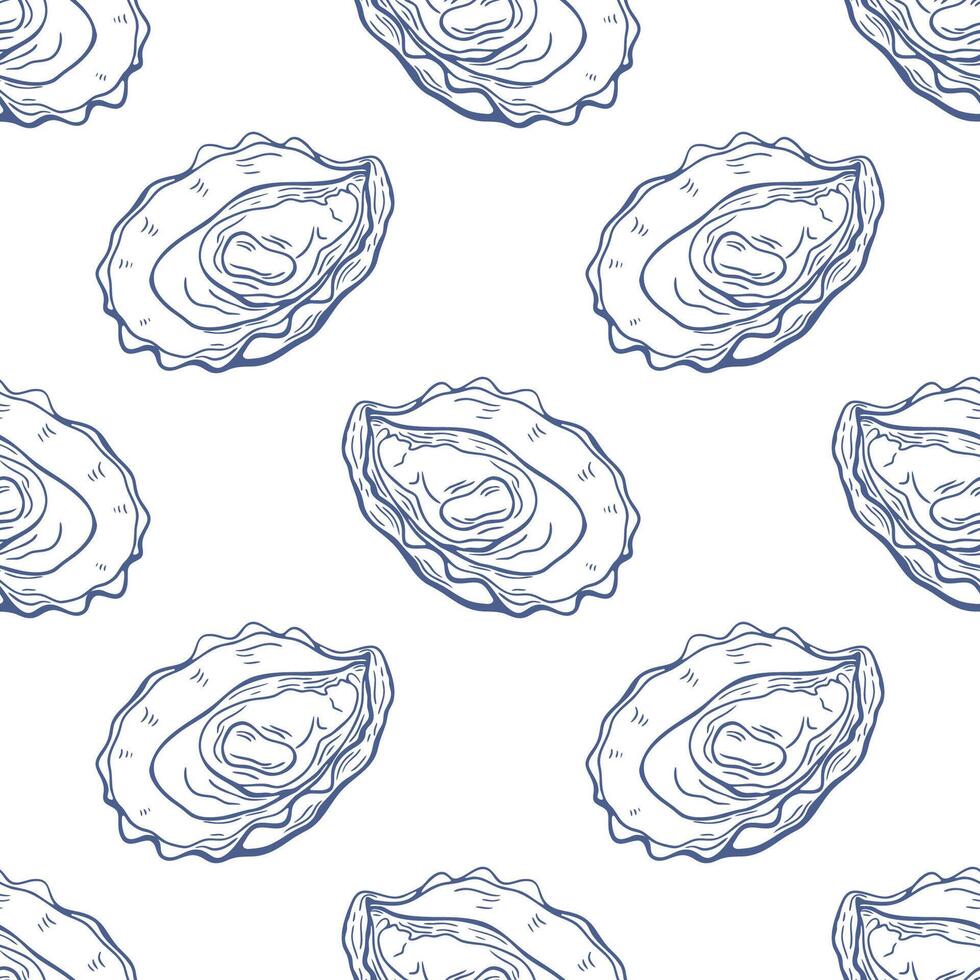Seamless pattern, oyster, linear pattern, blue on white background. Packaging, wrapping, background. vector