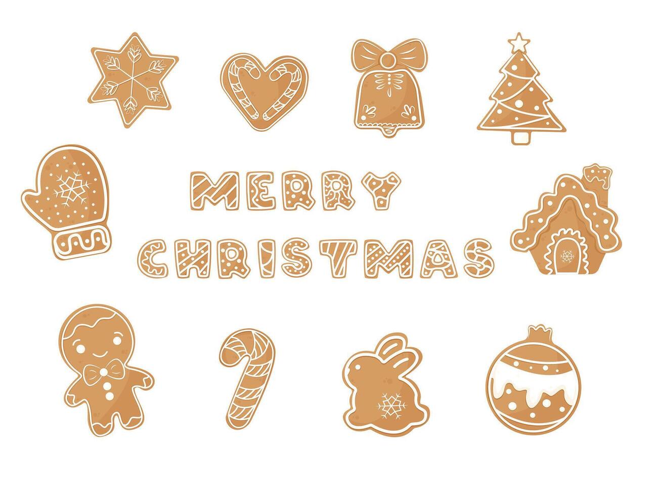 Set of Christmas Gingerbread cookies. Cute winter homemade sweets in festive shapes isolated on white background for card, postcard, cover. EPS 10 vector