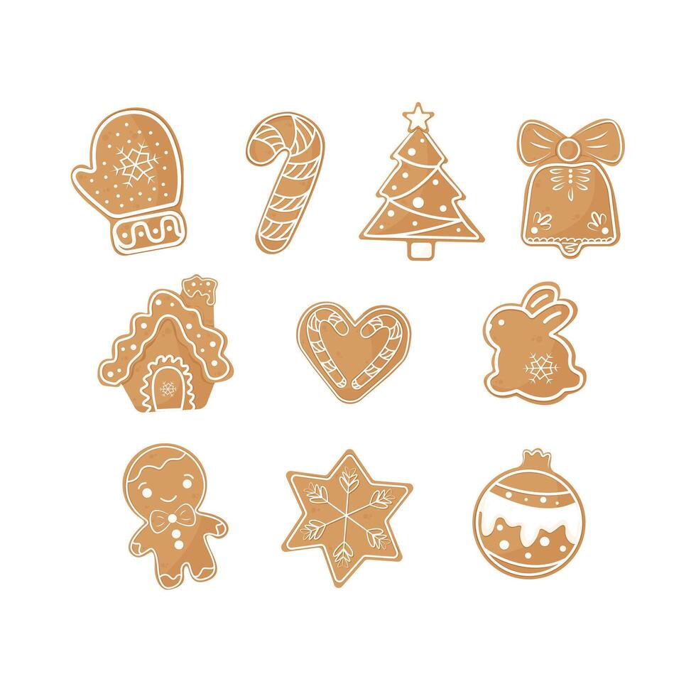 Set of Christmas Gingerbread cookies. Cute winter homemade sweets in festive shapes. Isolated a white background for card, postcard, cover. EPS 10 vector