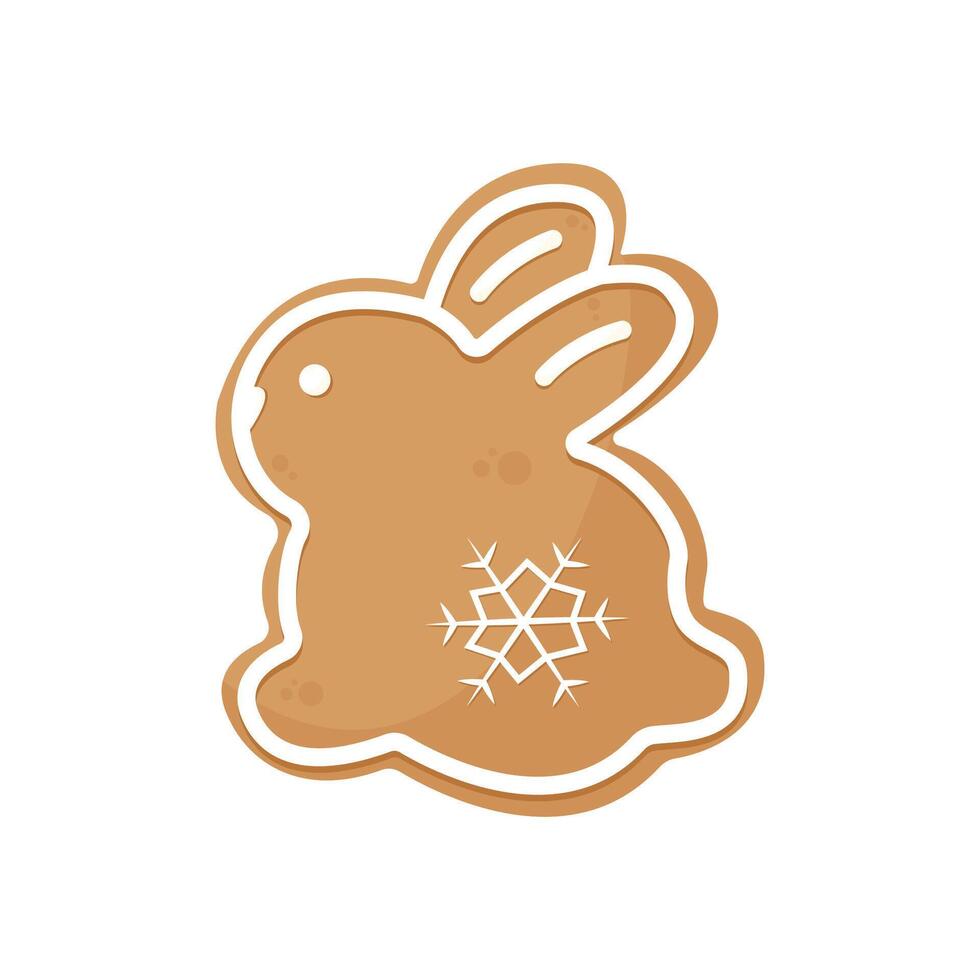 Bunny shaped Gingerbread Cookie with decorative icing. Traditional Christmas holiday cookies. Isolated a white background for card, postcard, cover. EPS 10 vector