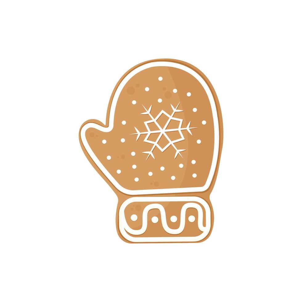 Mitten shaped Gingerbread Cookie with decorative icing. Traditional Christmas holiday cookies. Isolated a white background for card, postcard, cover. EPS 10 vector