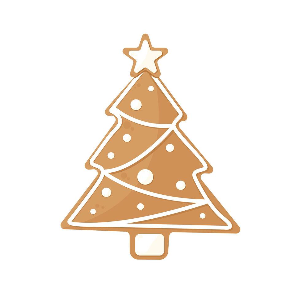 Christmas tree shaped Gingerbread Cookie with decorative icing. Traditional Christmas holiday cookies. Isolated a white background for card, postcard, cover. EPS 10 vector