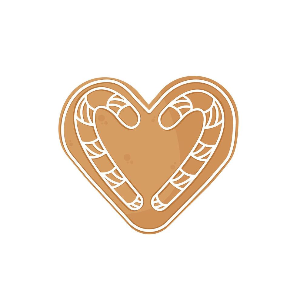 Heart shaped Gingerbread Cookie with decorative icing. Traditional Christmas holiday cookies. Isolated a white background for card, postcard, cover. EPS 10 vector