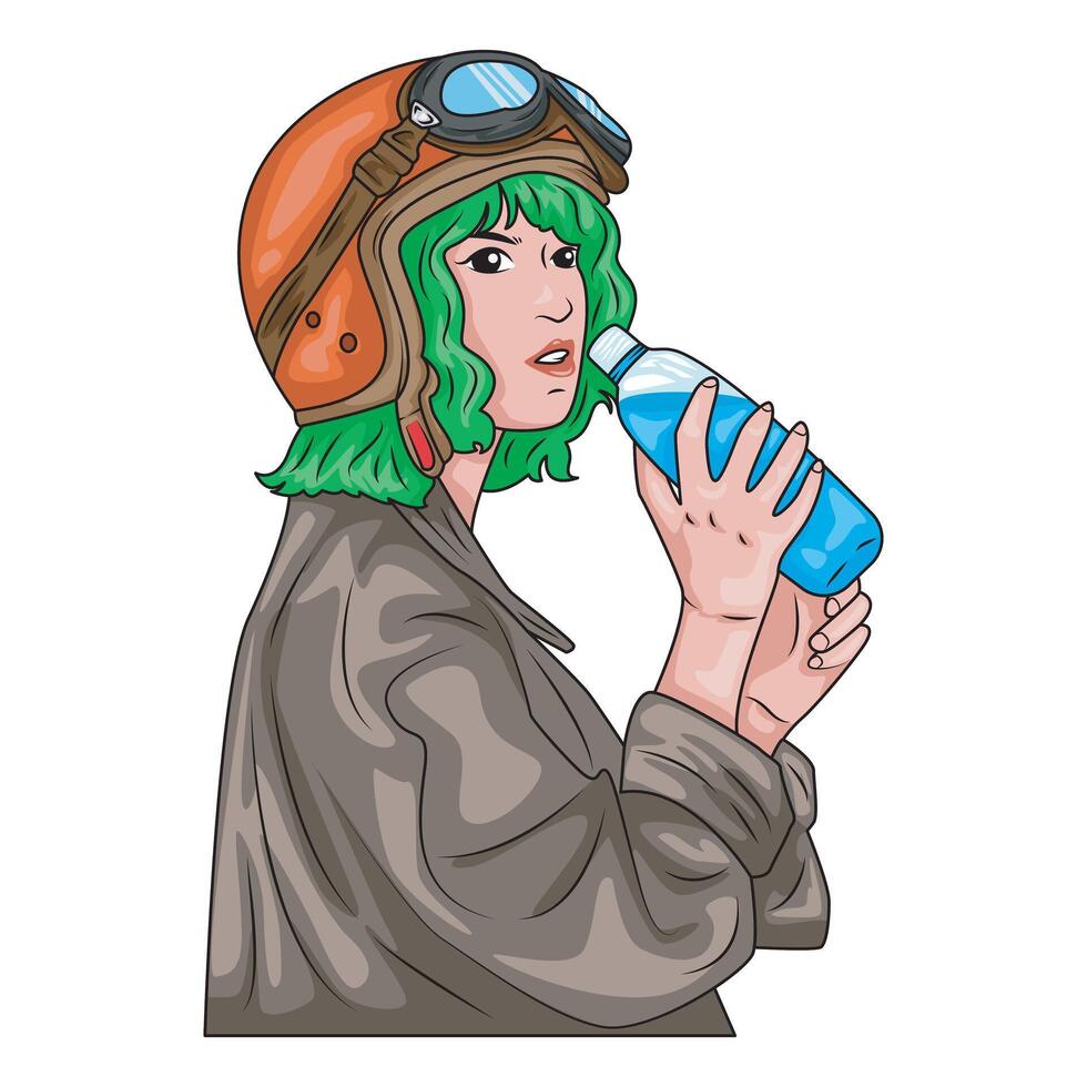 illustration of a woman wearing a helmet wanting to drink with a bottle of mineral water vector