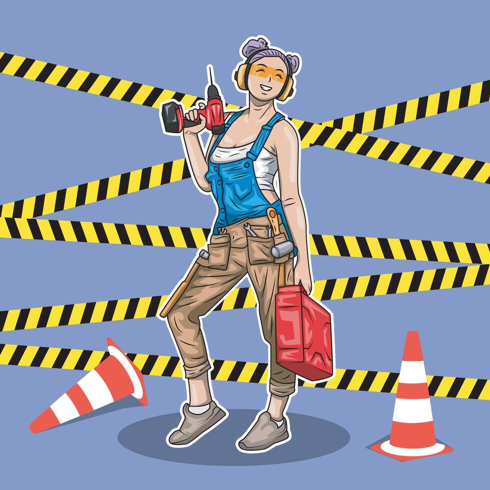illustration of a woman in a workshop costume carrying a drill, with a background of danger lines and project cones vector