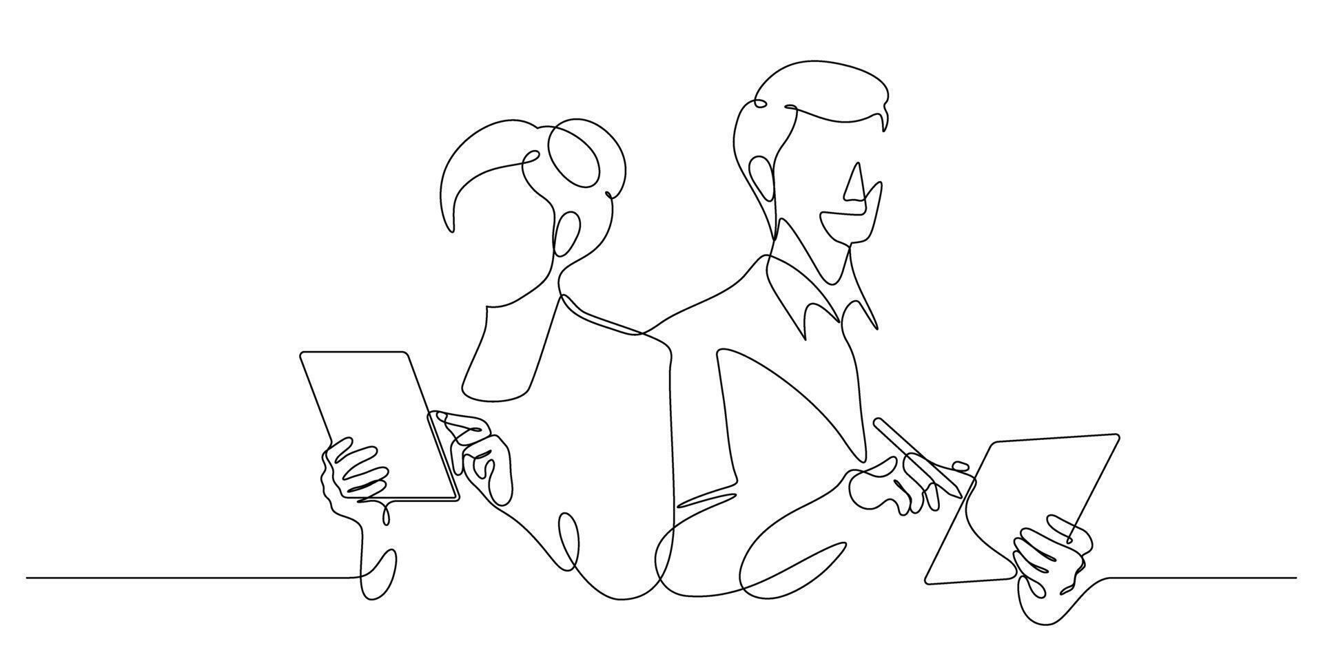 man and woman using digital tablet portrait business posing advertising one line drawing vector