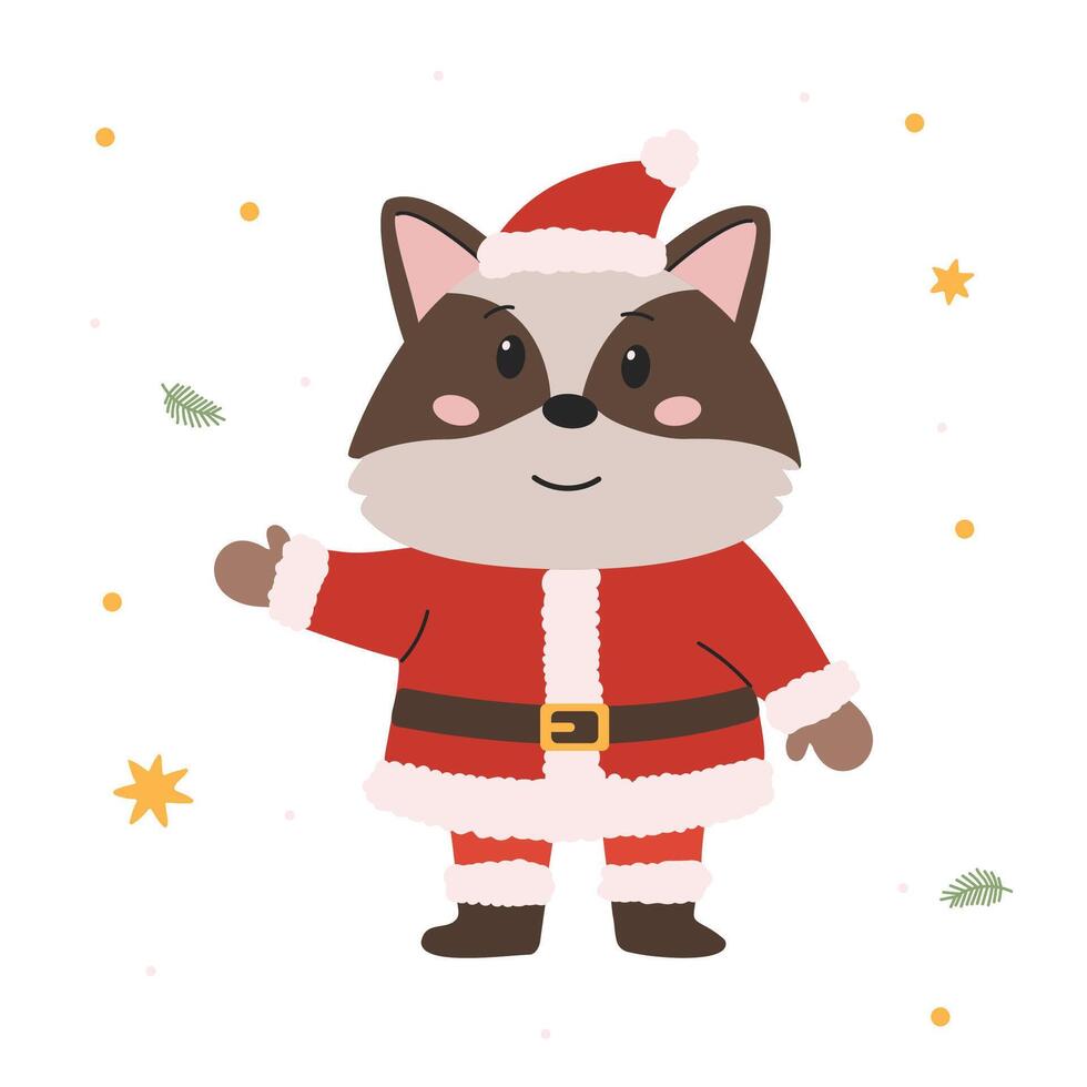 Flat illustration in a simple children's style. Cute raccoon in Santa Claus costume on white background vector