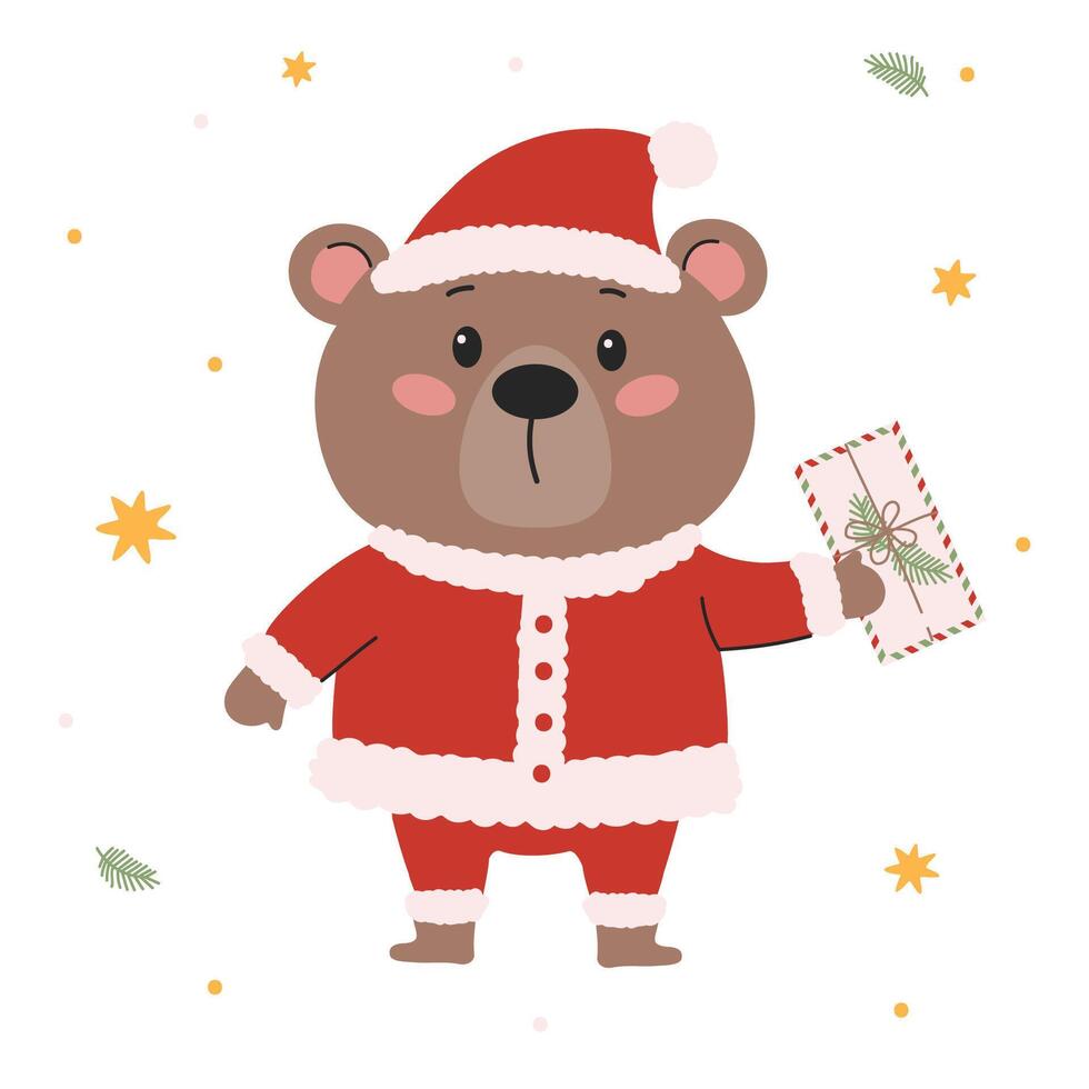 Flat illustration in a simple children's style. Cute bear with letter in hand in Santa Claus suit on white background vector