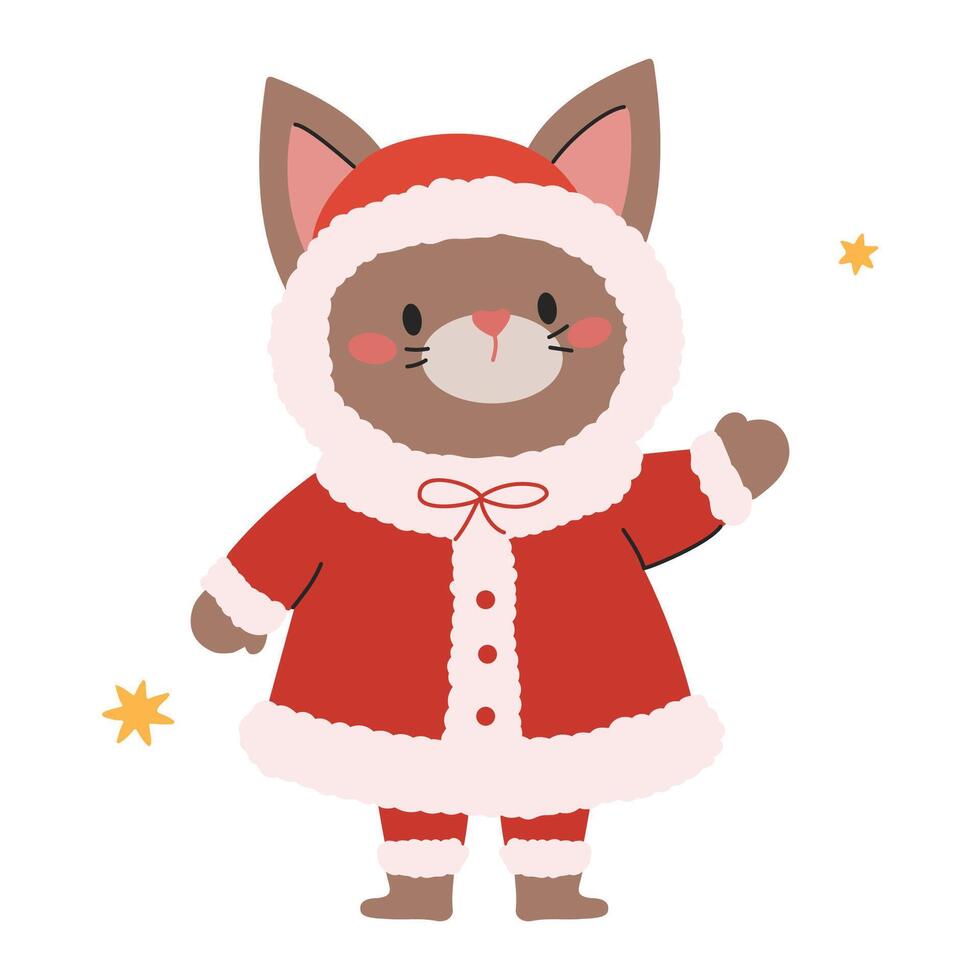 Flat illustration in a simple children's style. Cute kitty in Santa Claus costume on white background vector