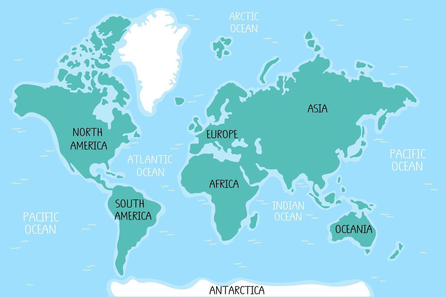 An illustration of cartoon educational world map for children. Banner and poster for nursery. America, Europe, Asia, Africa, Oceania, Antarctica. vector