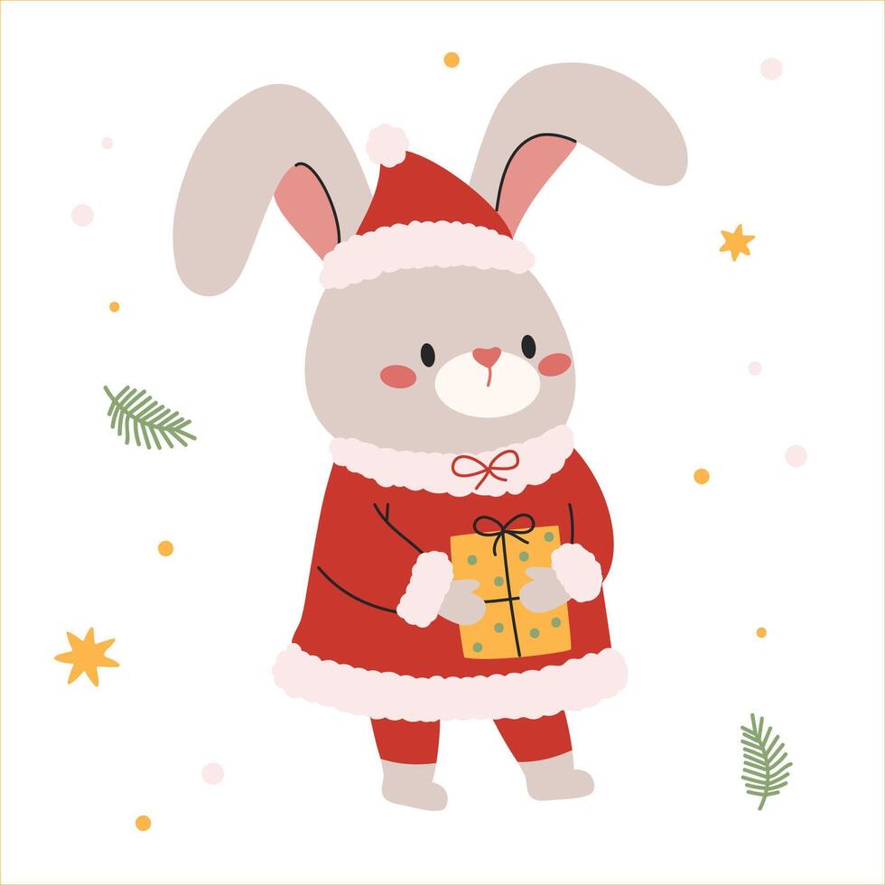 Flat illustration in a simple children's style. Cute rabbit in Santa Claus costume on white background vector