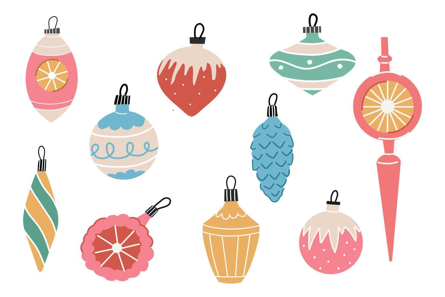 A cute set of retro style Christmas ornaments. Colorful New year decorations. vector
