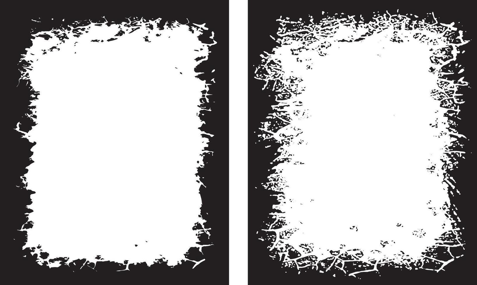 A set of vintage Grunge Photo Frames Cracked, Chaotic Splatter, and Dense Rough Textured Borders in Black and White for Artistic and Edgy Displays vector